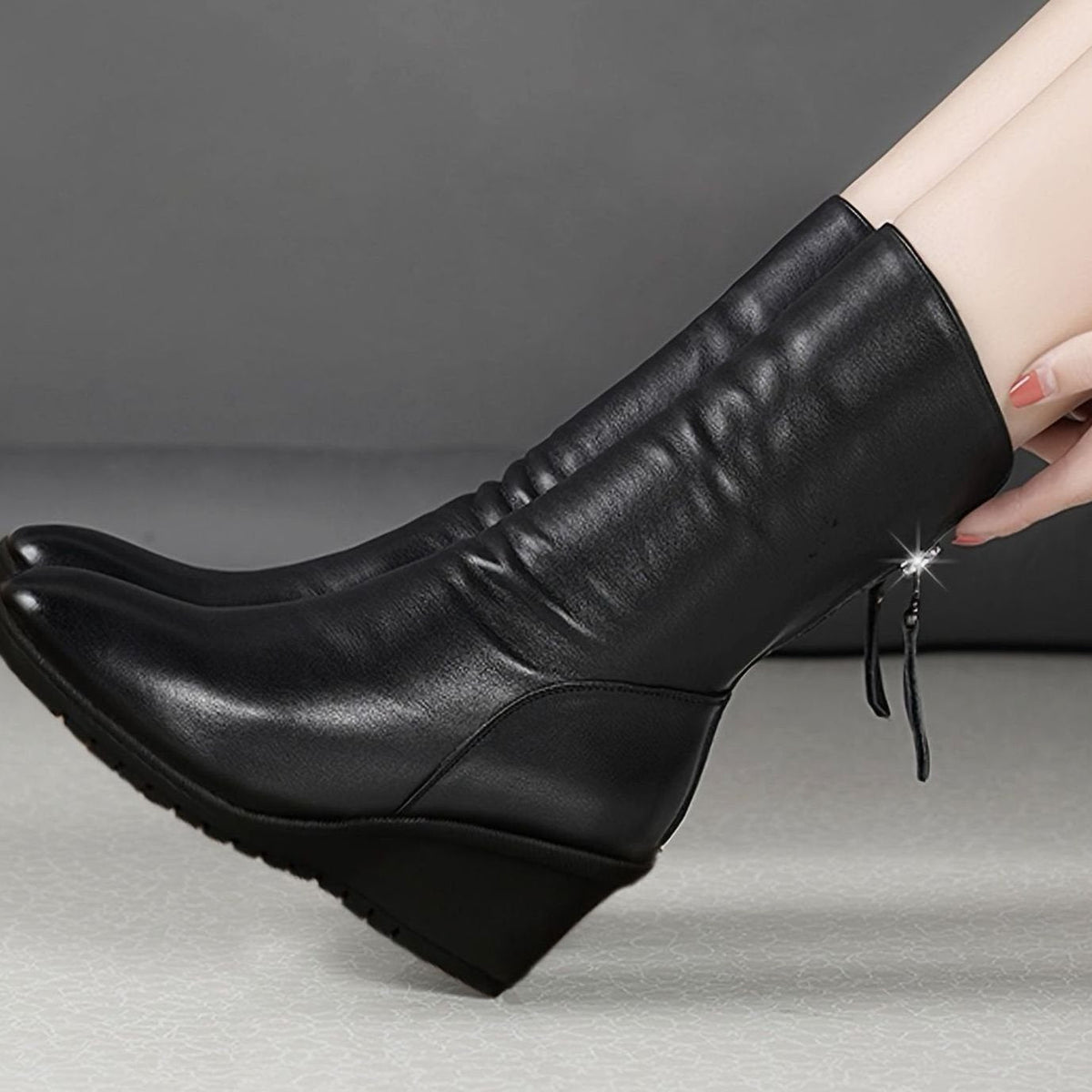 Scarlett | Women's Slouchy Wedge Mid-Calf Boots Side Zip