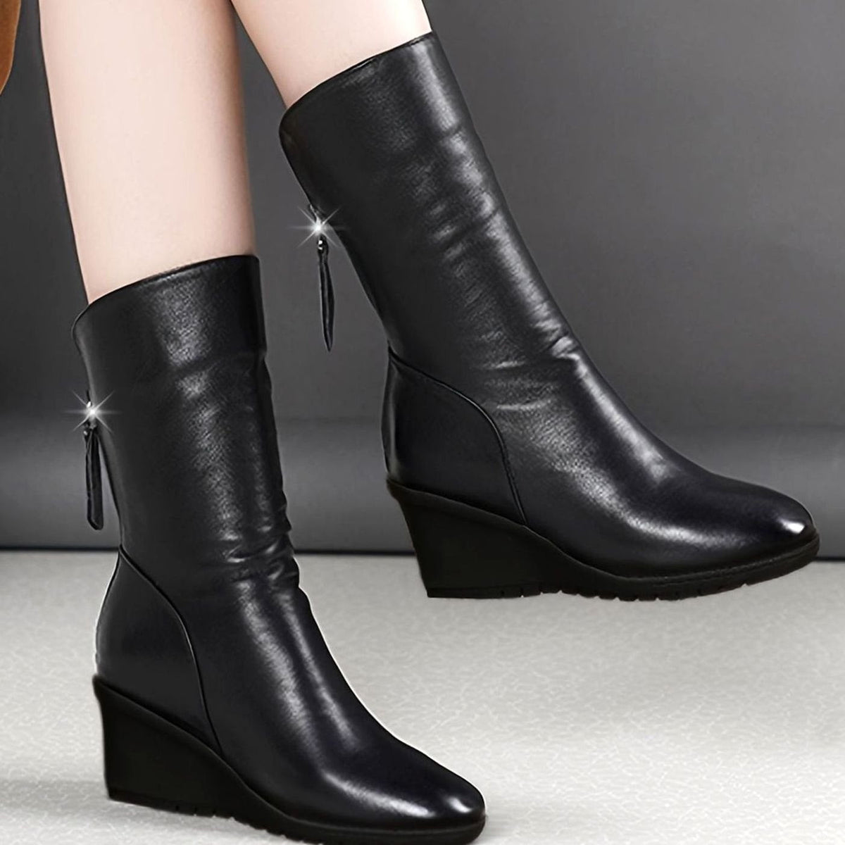 Scarlett | Women's Slouchy Wedge Mid-Calf Boots Side Zip