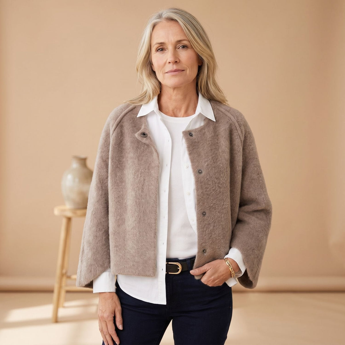 Charlotte | Women's Soft Fuzzy Snap-Button Cropped Wool Coat