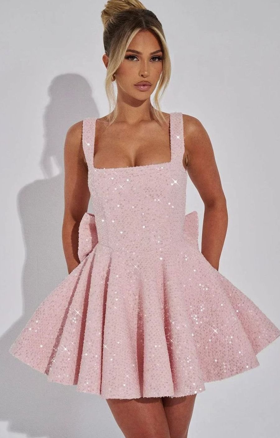 Emma | Women's Sparkly Sequin Fit-and-Flare Bow Mini Dress