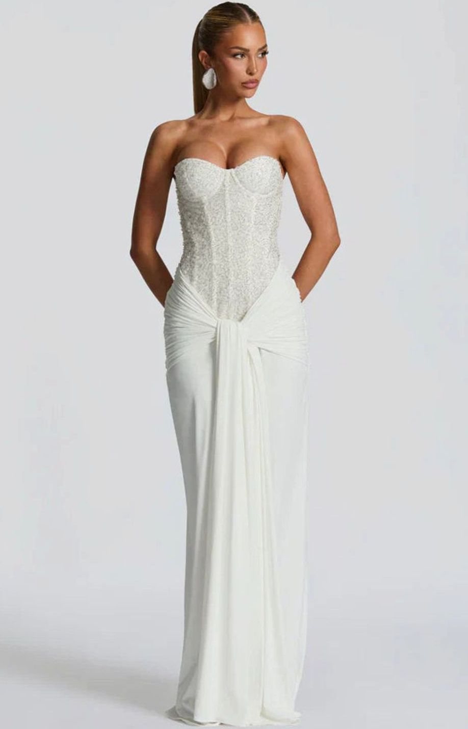 Isabella | Women's Strapless Beaded Bodice Draped Waist Maxi Gown