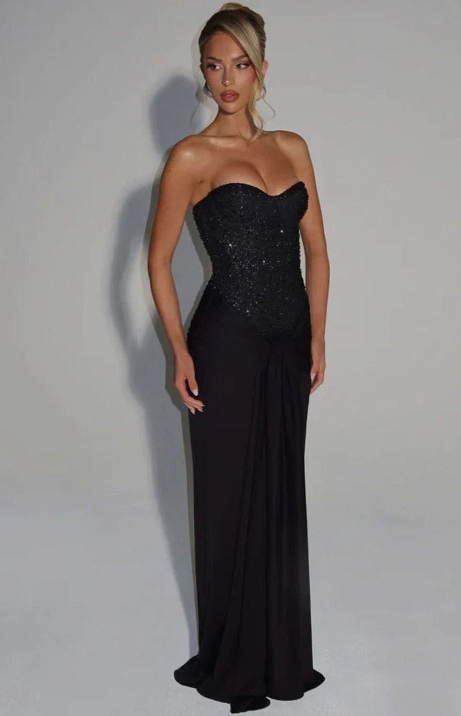 Isabella | Women's Strapless Beaded Bodice Draped Waist Maxi Gown