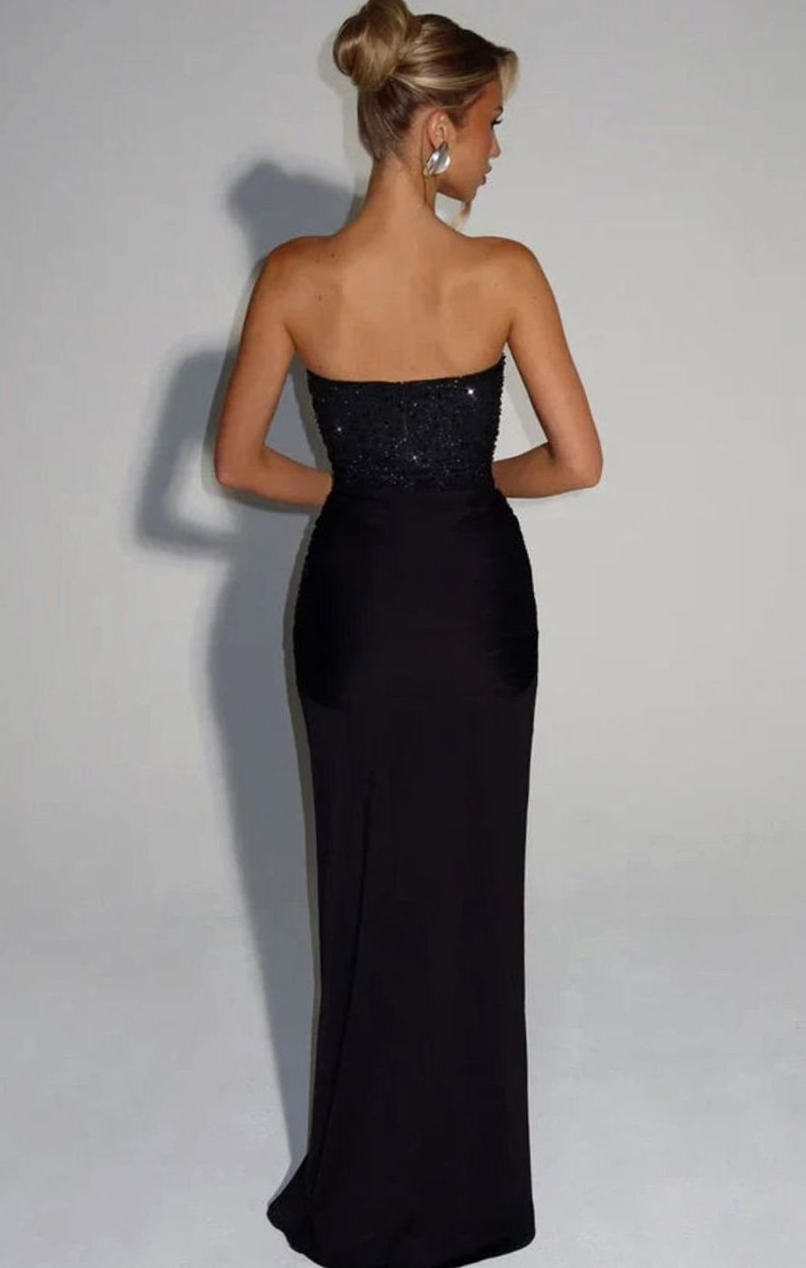 Isabella | Women's Strapless Beaded Bodice Draped Waist Maxi Gown