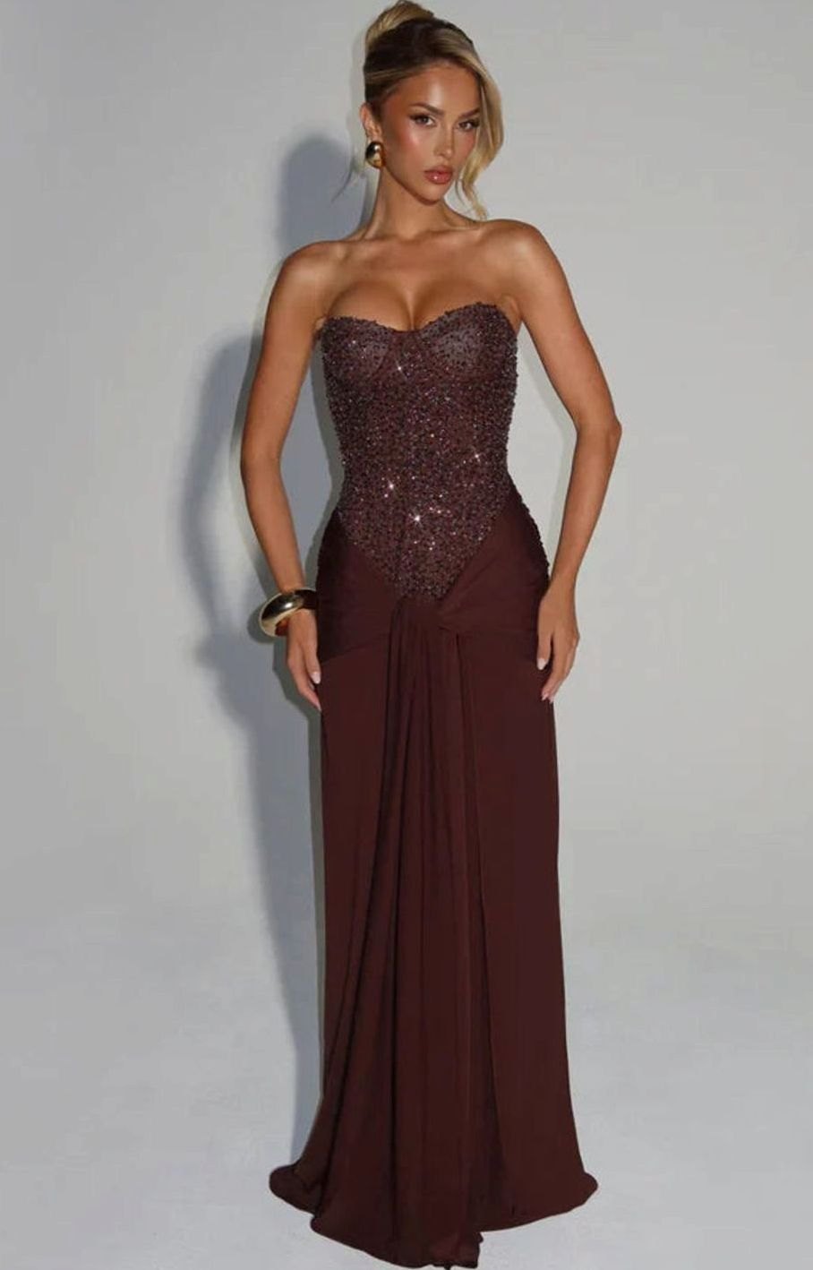 Isabella | Women's Strapless Beaded Bodice Draped Waist Maxi Gown