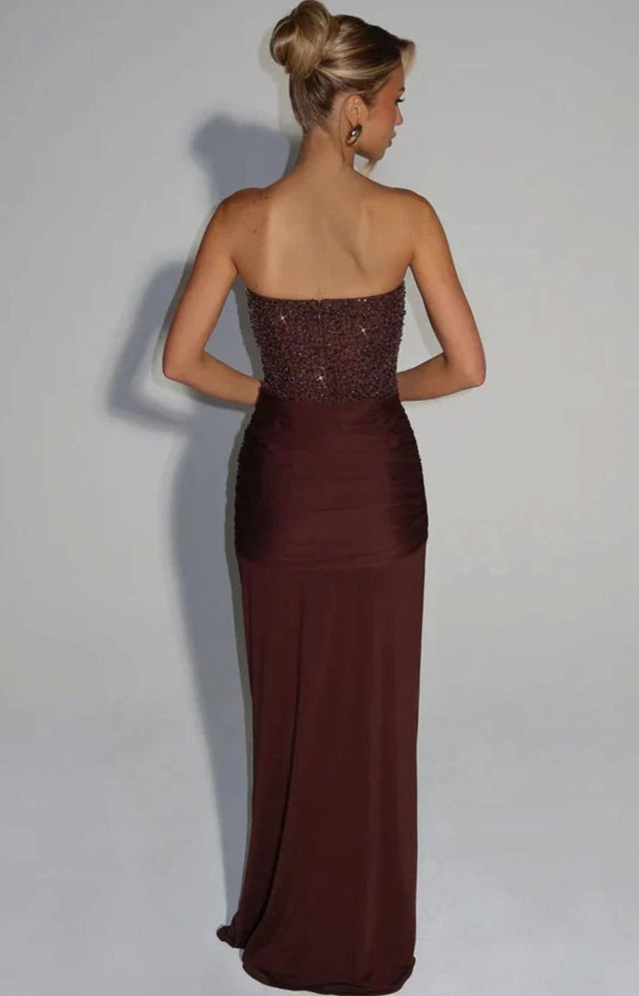 Isabella | Women's Strapless Beaded Bodice Draped Waist Maxi Gown
