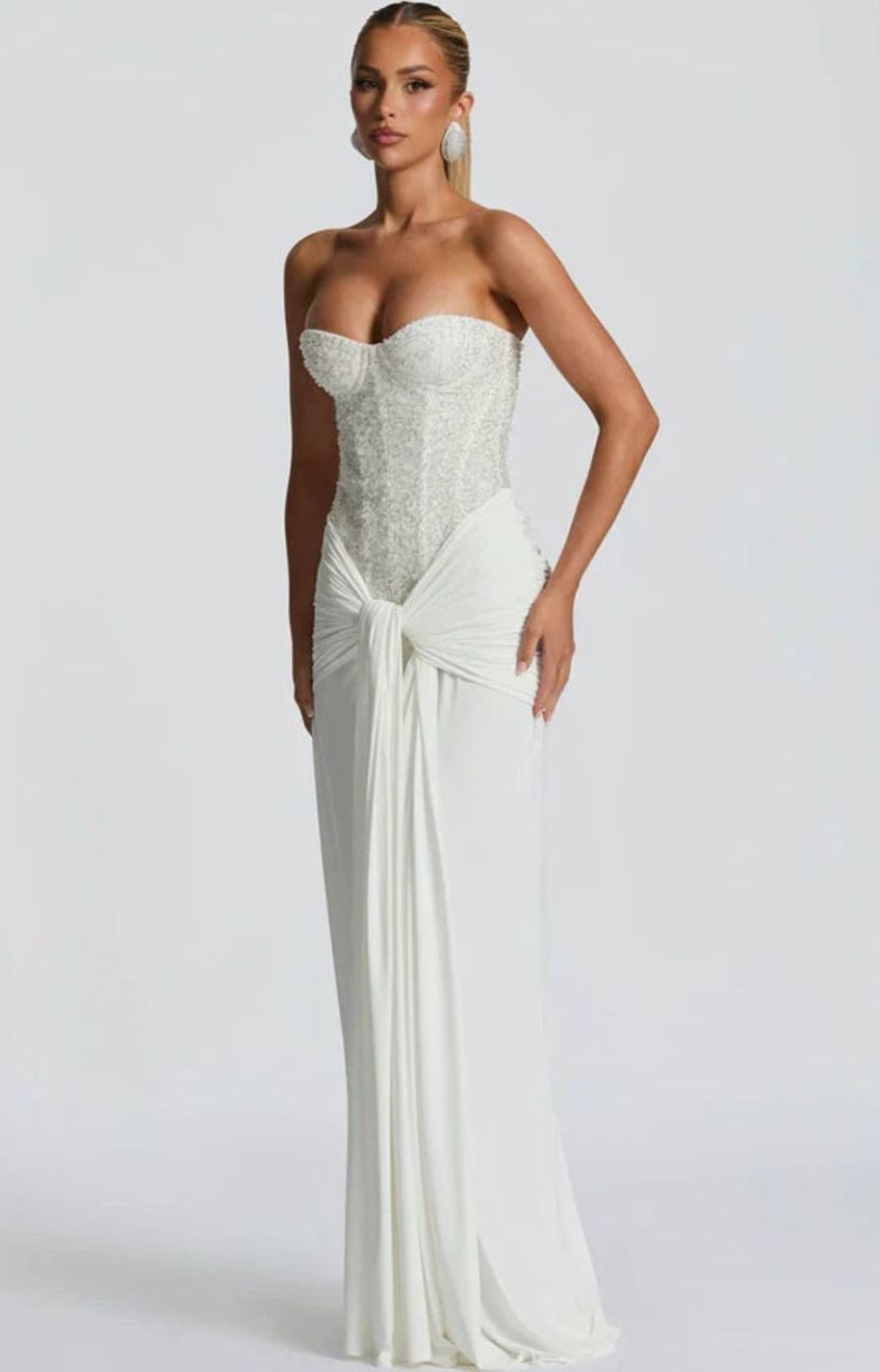 Isabella | Women's Strapless Beaded Bodice Draped Waist Maxi Gown