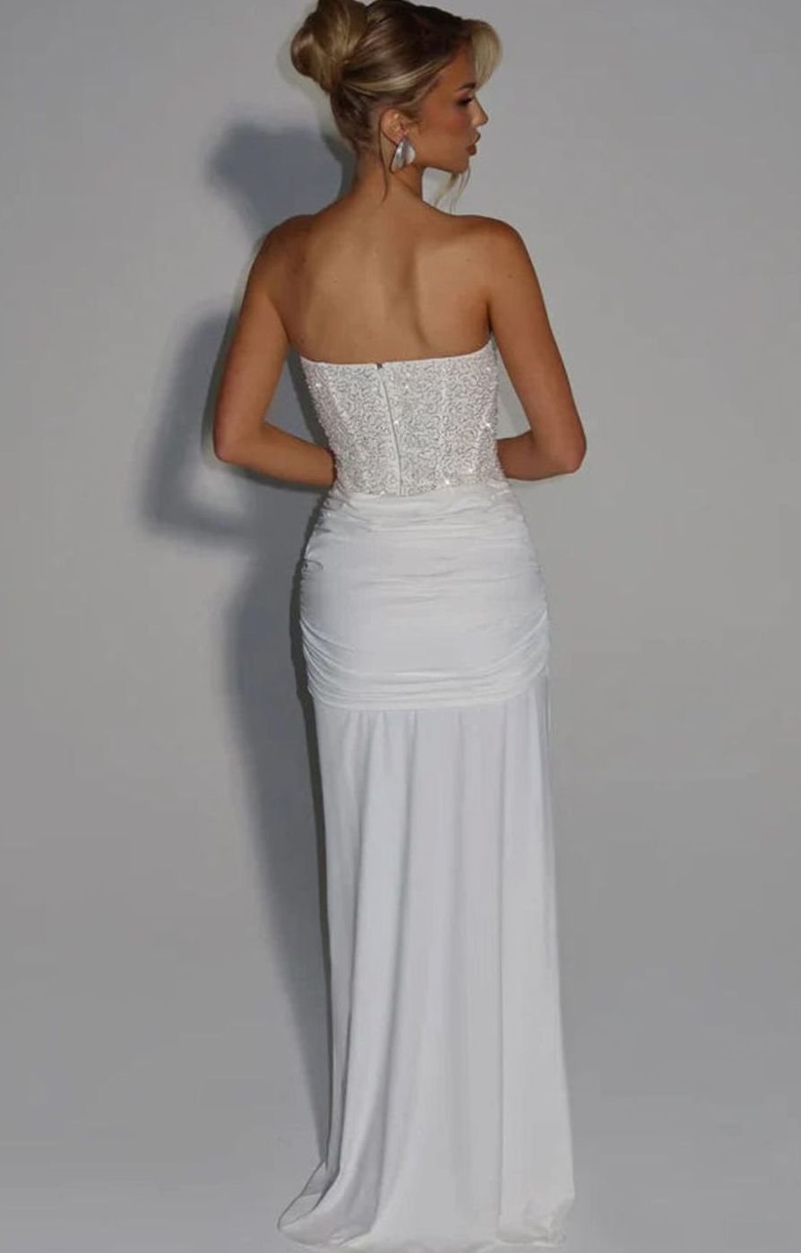 Isabella | Women's Strapless Beaded Bodice Draped Waist Maxi Gown