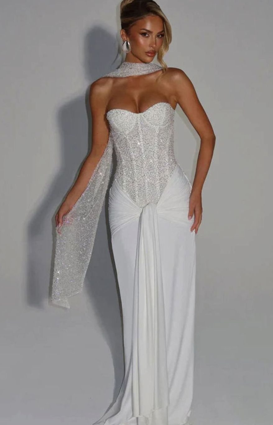 Isabella | Women's Strapless Beaded Bodice Draped Waist Maxi Gown