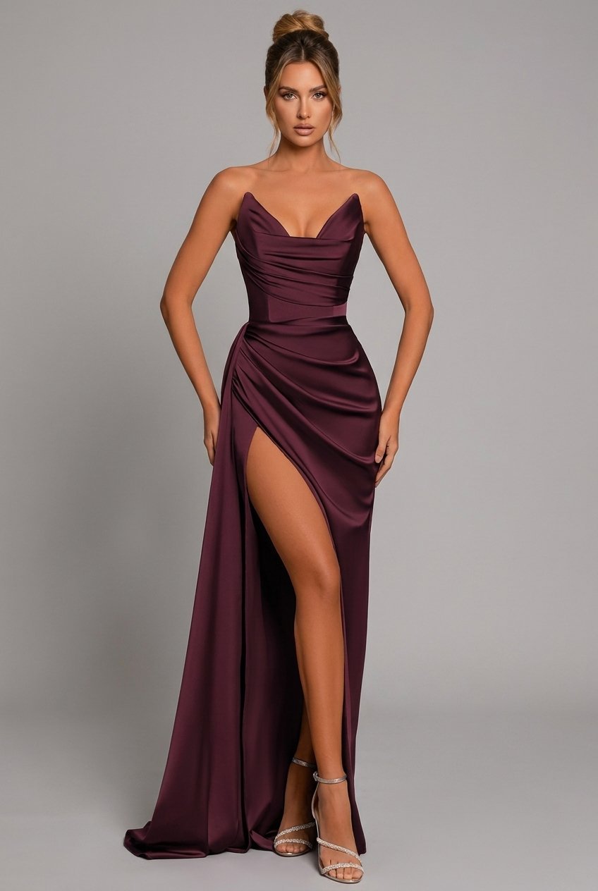 Scarlett | Women's Strapless Satin Ruched High-Slit Formal Maxi Gown