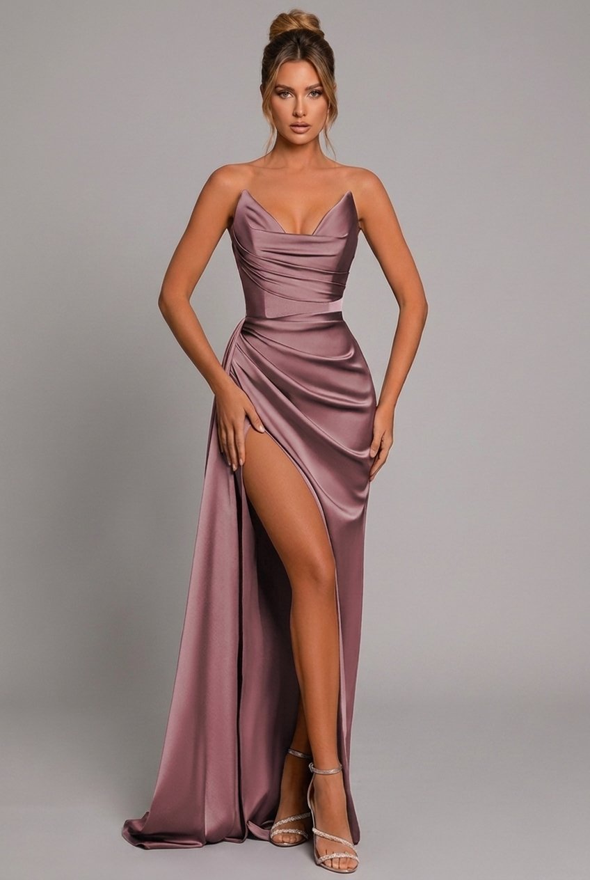 Scarlett | Women's Strapless Satin Ruched High-Slit Formal Maxi Gown