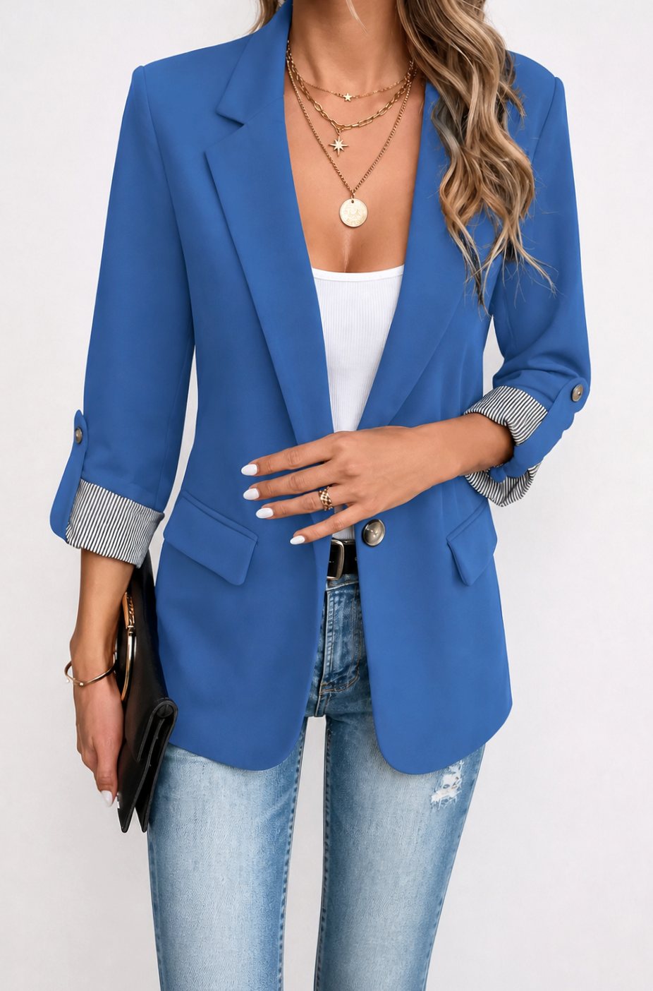 Emma | Women's Striped-Cuff Roll-Sleeve Tailored Blazer Jacket