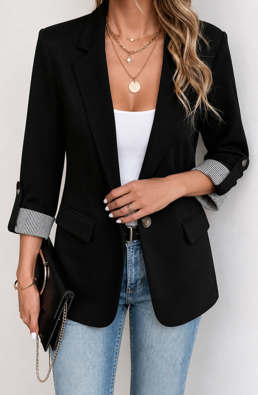 Emma | Women's Striped-Cuff Roll-Sleeve Tailored Blazer Jacket