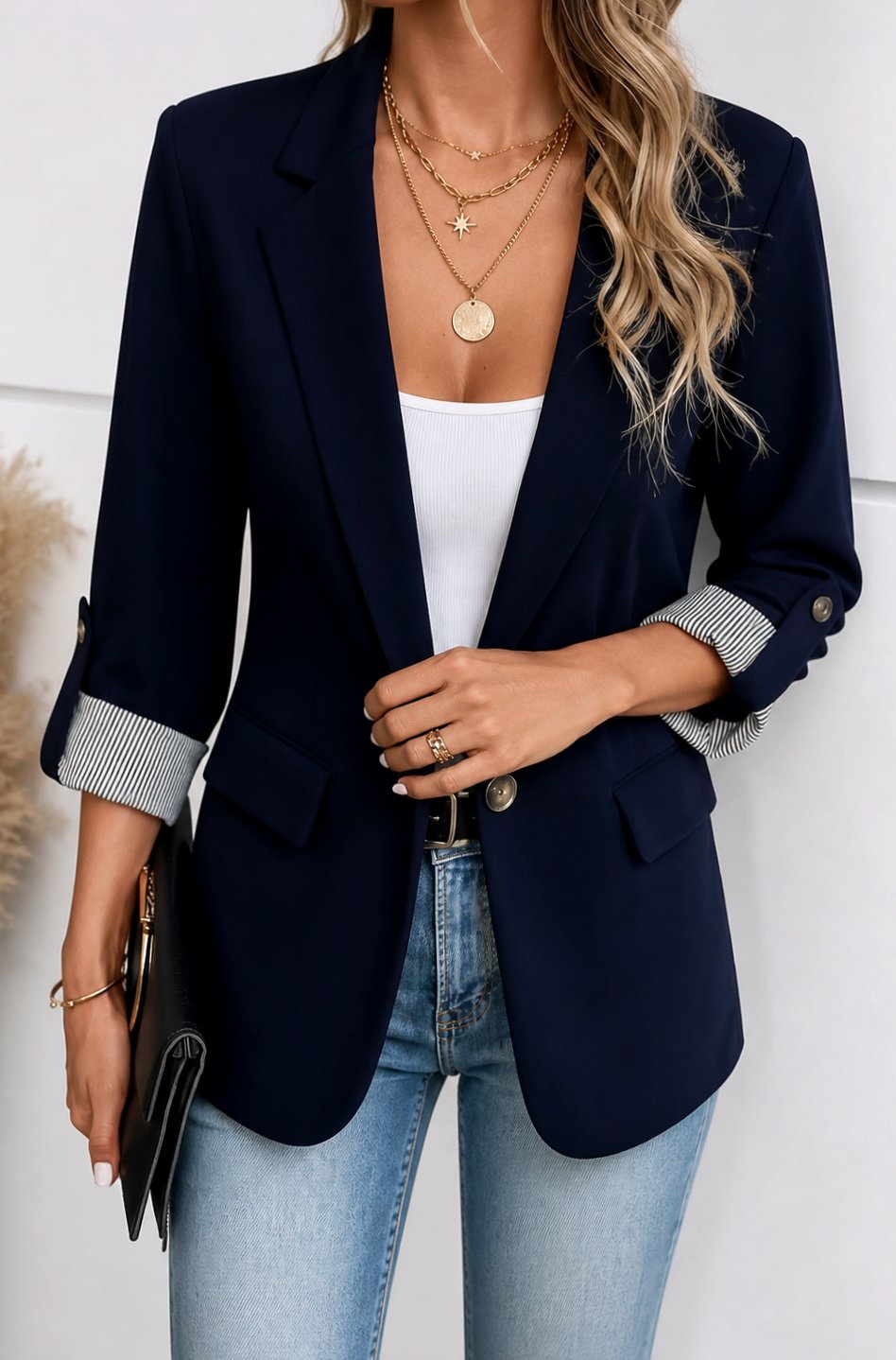 Emma | Women's Striped-Cuff Roll-Sleeve Tailored Blazer Jacket