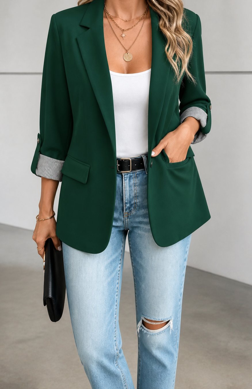Emma | Women's Striped-Cuff Roll-Sleeve Tailored Blazer Jacket