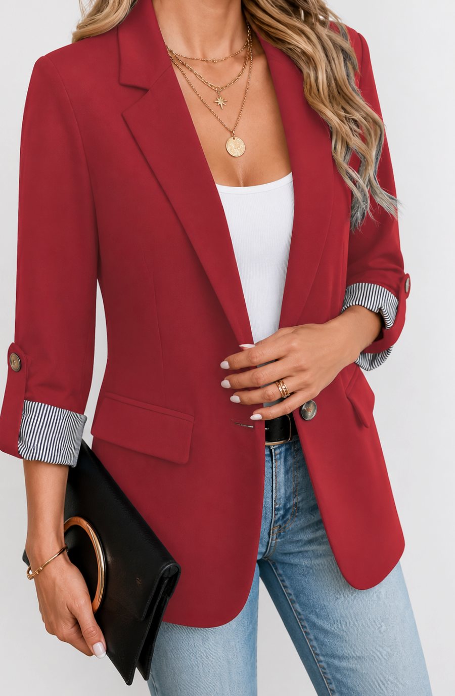 Emma | Women's Striped-Cuff Roll-Sleeve Tailored Blazer Jacket