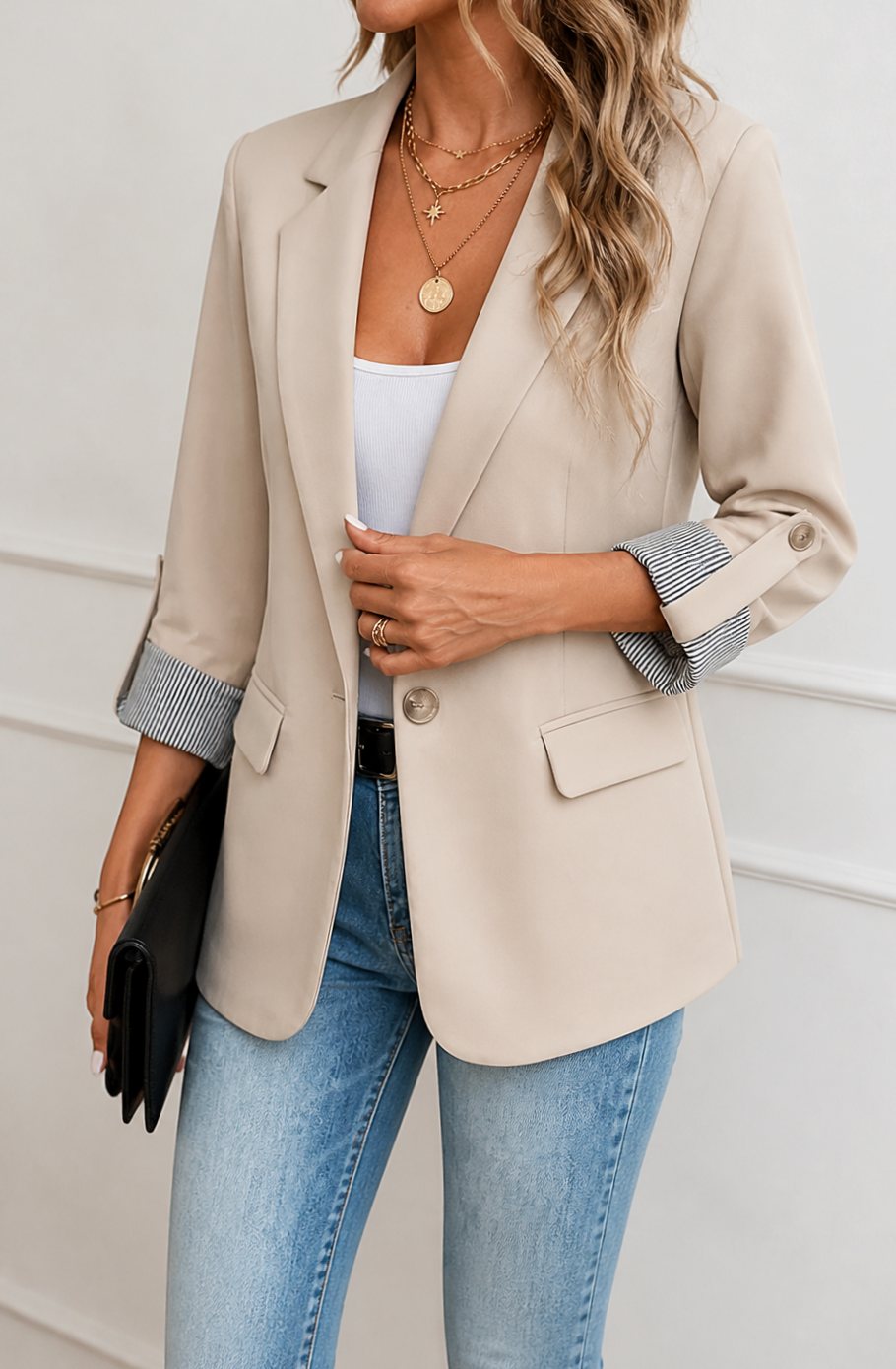 Emma | Women's Striped-Cuff Roll-Sleeve Tailored Blazer Jacket