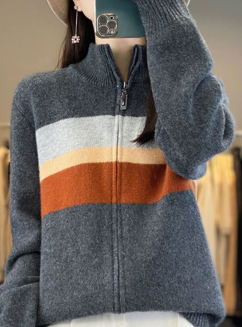 Luna | Women's Striped Full-Zip Knit Cardigan Sweater
