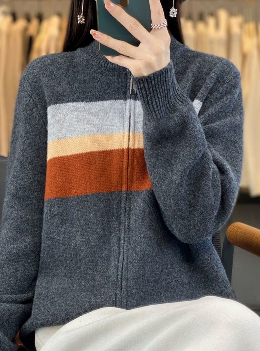 Luna | Women's Striped Full-Zip Knit Cardigan Sweater