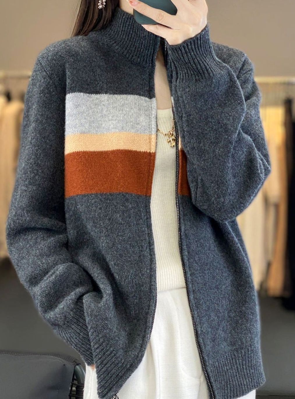 Luna | Women's Striped Full-Zip Knit Cardigan Sweater