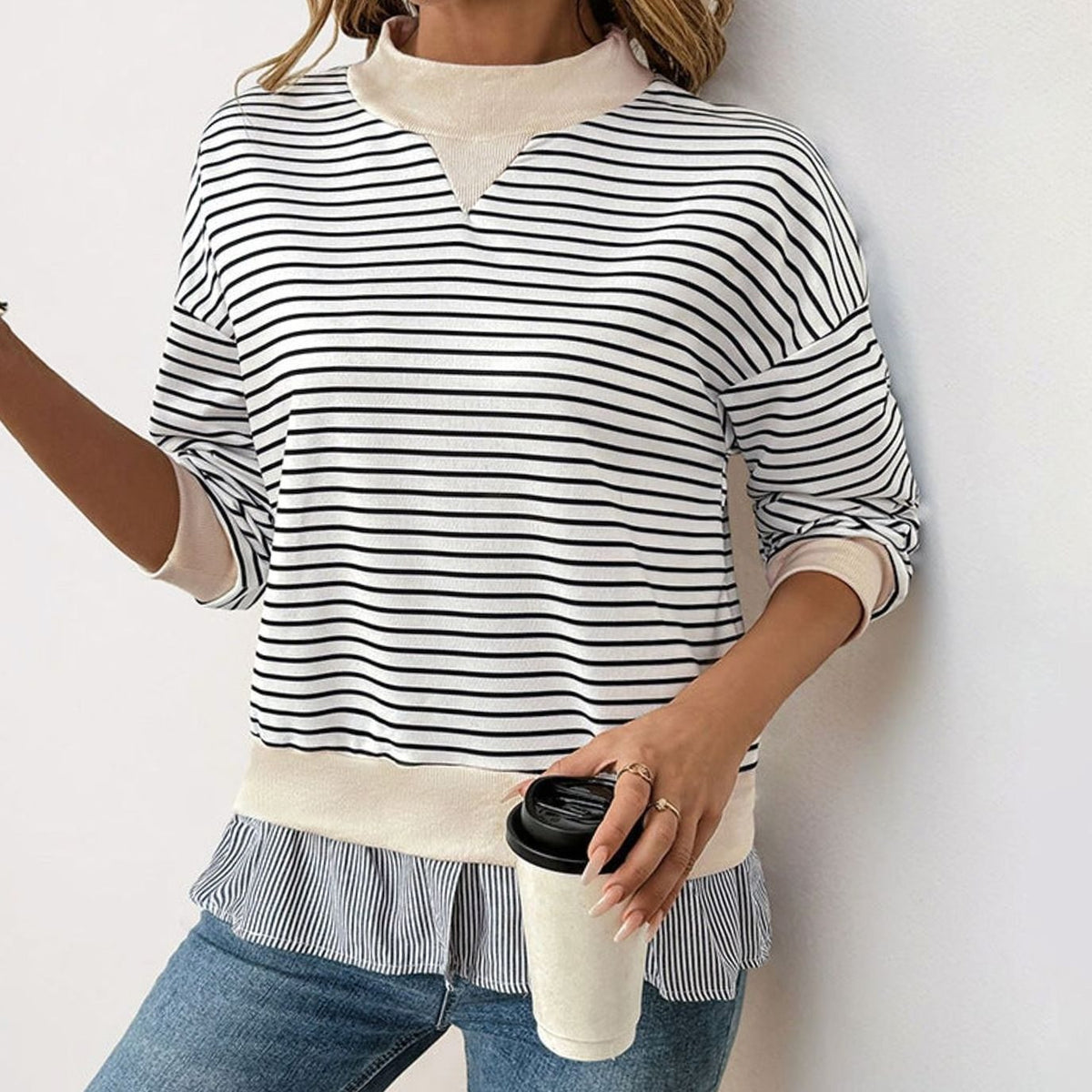 Emma | Women's Striped Sweatshirt Mock Neck Ruffle Hem Pullover