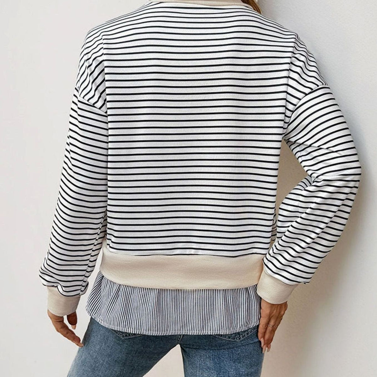 Emma | Women's Striped Sweatshirt Mock Neck Ruffle Hem Pullover