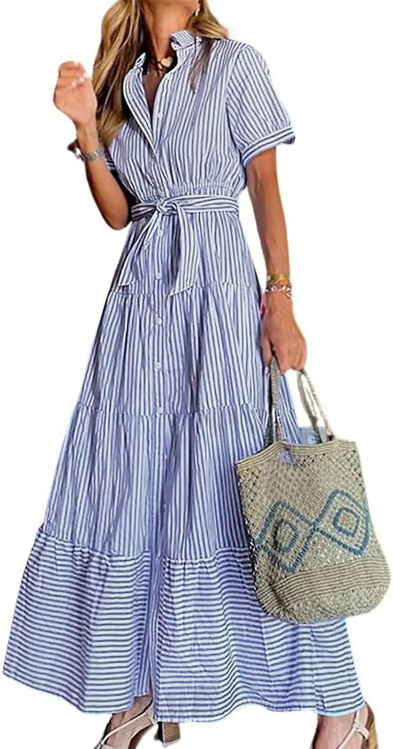 Victoria | Women's Striped Tiered-Ruffle Tie-Waist Button-Down Maxi Shirt Dress with Tights & Boots
