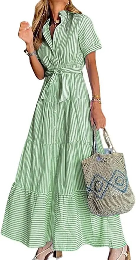 Victoria | Women's Striped Tiered-Ruffle Tie-Waist Button-Down Maxi Shirt Dress with Tights & Boots