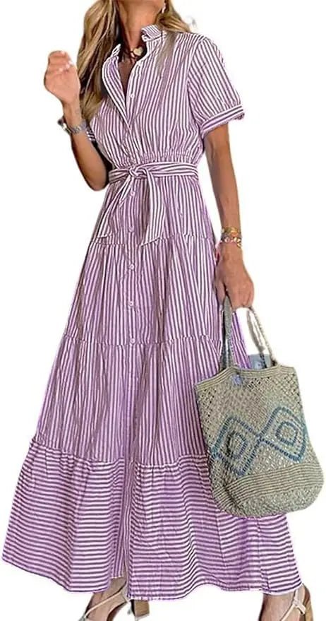 Victoria | Women's Striped Tiered-Ruffle Tie-Waist Button-Down Maxi Shirt Dress with Tights & Boots