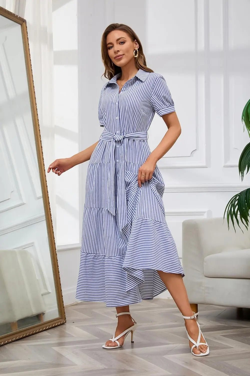 Victoria | Women's Striped Tiered-Ruffle Tie-Waist Button-Down Maxi Shirt Dress with Tights & Boots
