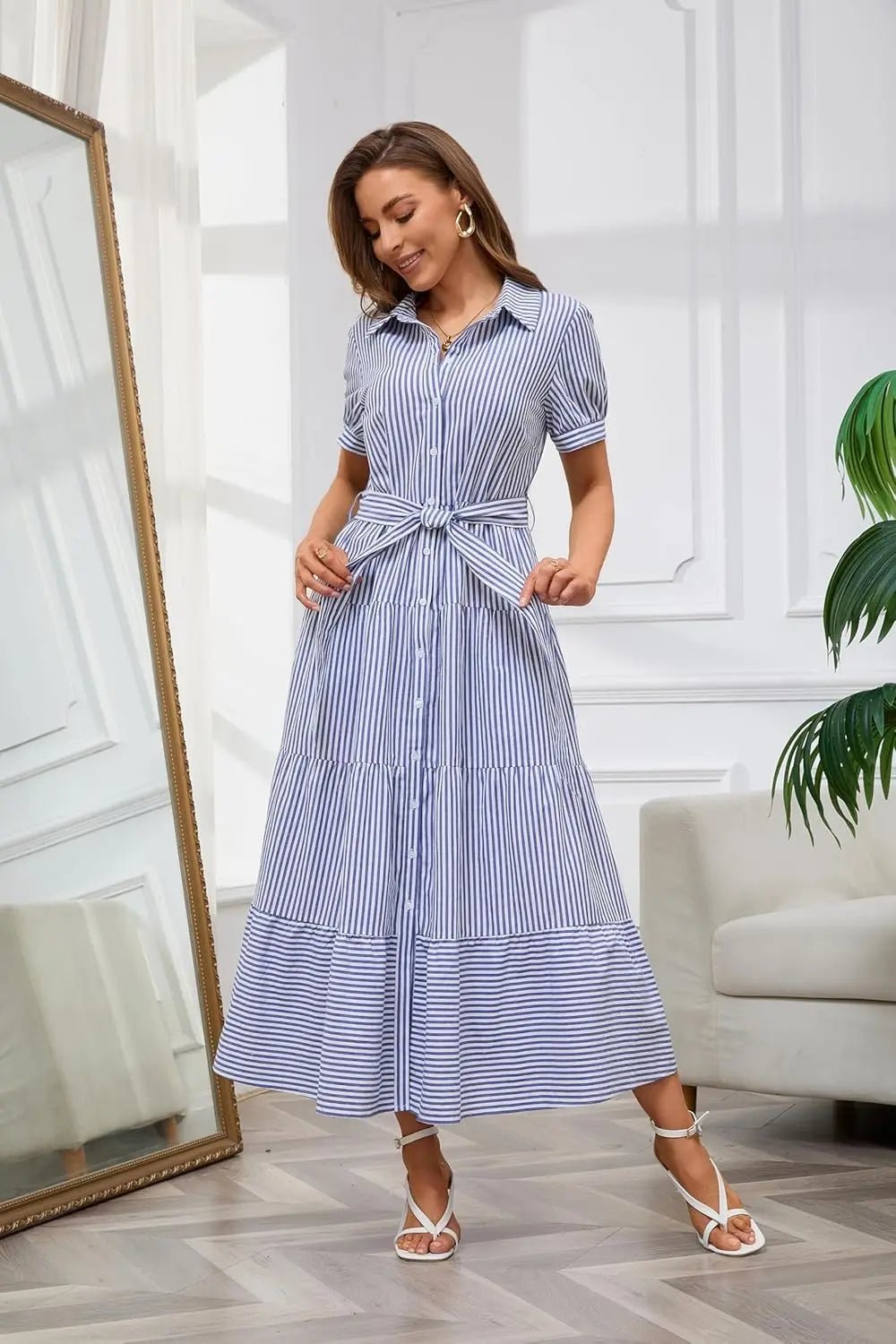 Victoria | Women's Striped Tiered-Ruffle Tie-Waist Button-Down Maxi Shirt Dress with Tights & Boots