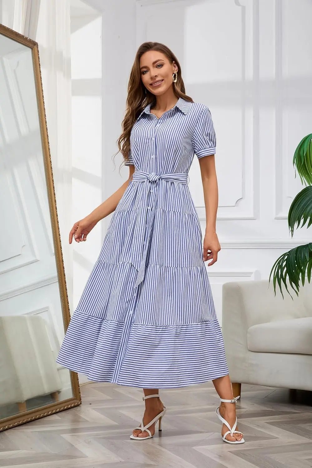 Victoria | Women's Striped Tiered-Ruffle Tie-Waist Button-Down Maxi Shirt Dress with Tights & Boots