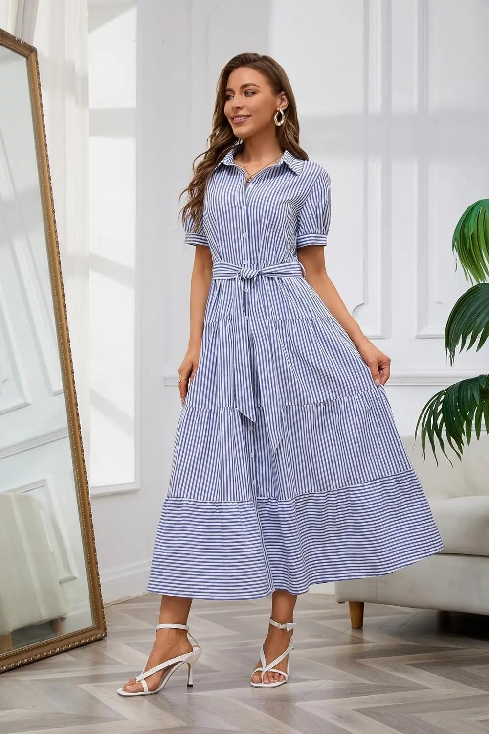 Victoria | Women's Striped Tiered-Ruffle Tie-Waist Button-Down Maxi Shirt Dress with Tights & Boots
