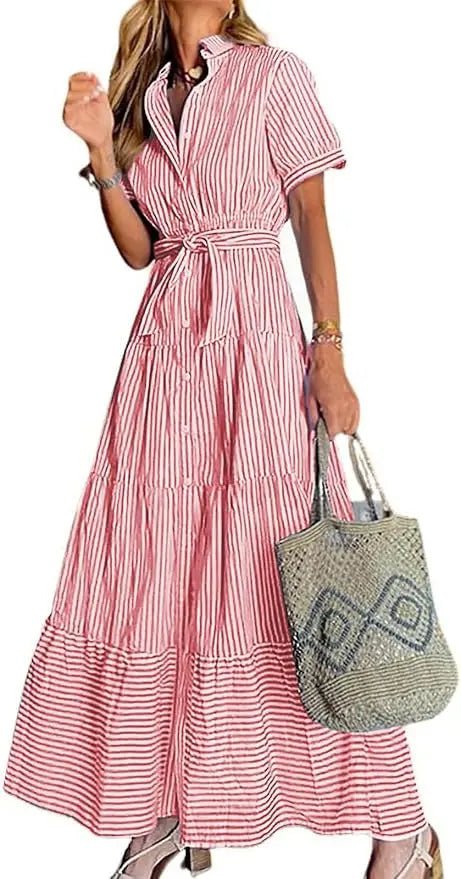Victoria | Women's Striped Tiered-Ruffle Tie-Waist Button-Down Maxi Shirt Dress with Tights & Boots