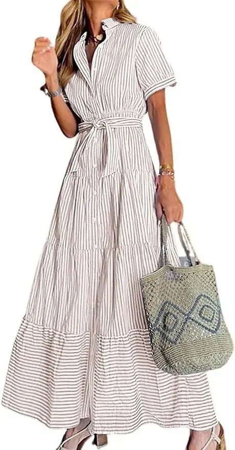 Victoria | Women's Striped Tiered-Ruffle Tie-Waist Button-Down Maxi Shirt Dress with Tights & Boots