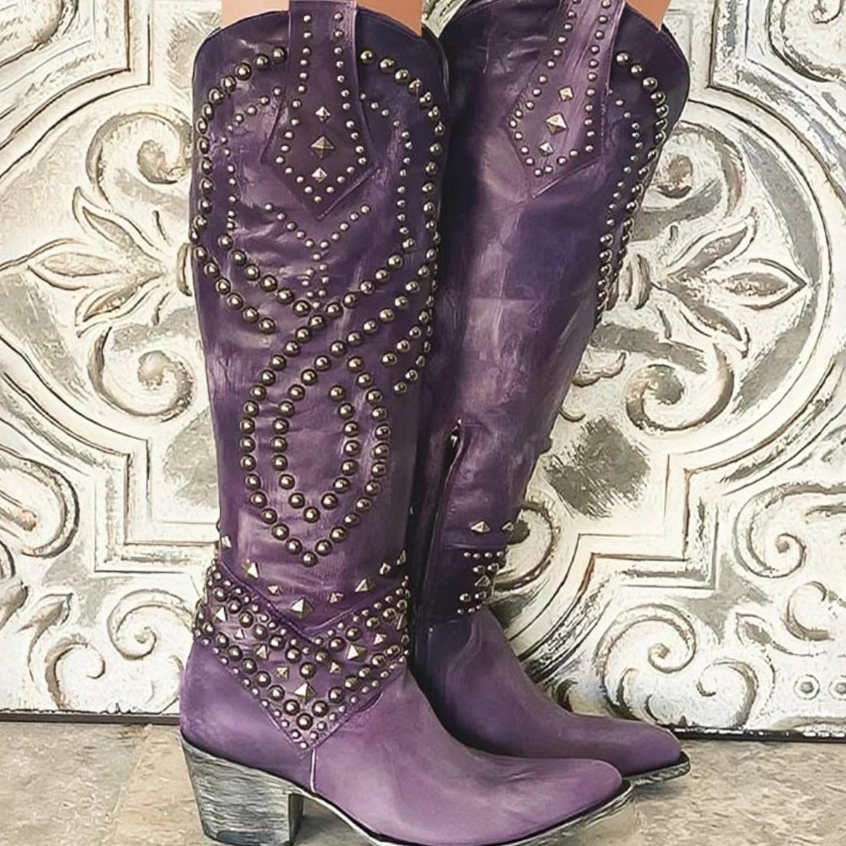 Luna | Women's Studded Knee-High Orthopedic Cowboy Boots Pointed Toe