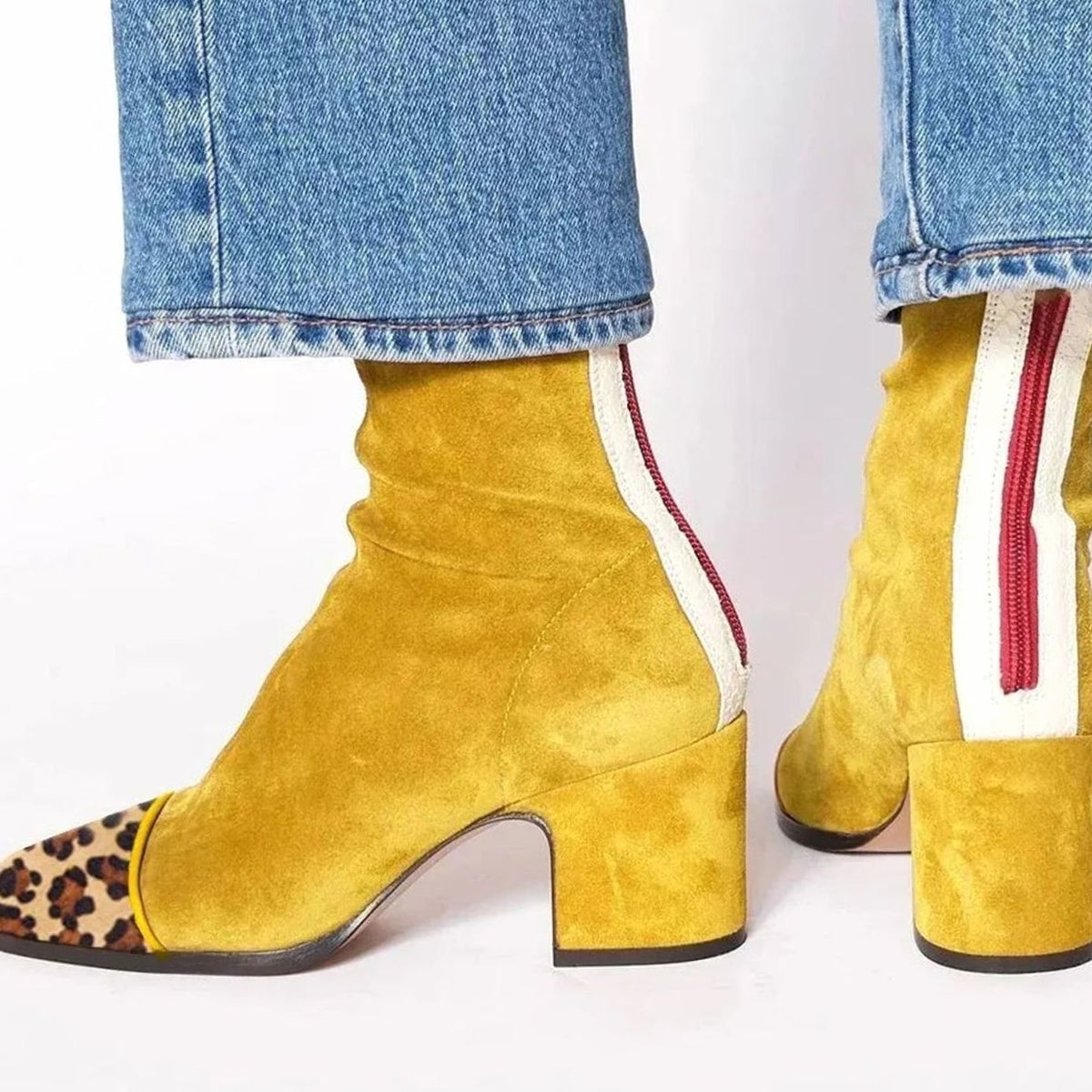Penelope | Women's Suede Block-Heel Leopard-Toe Zip Ankle Boots