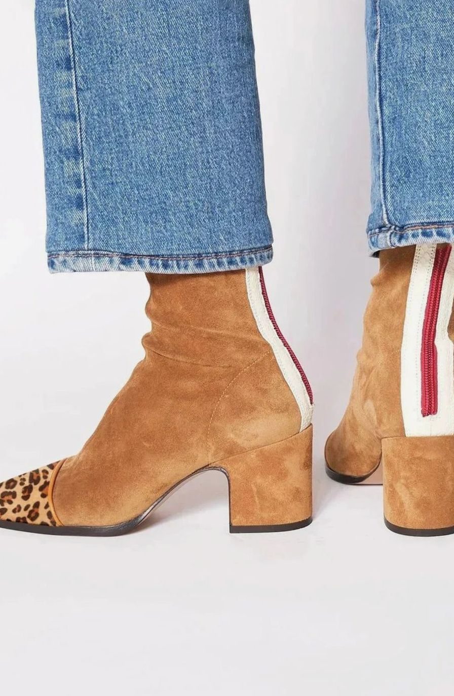 Penelope | Women's Suede Block-Heel Leopard-Toe Zip Ankle Boots