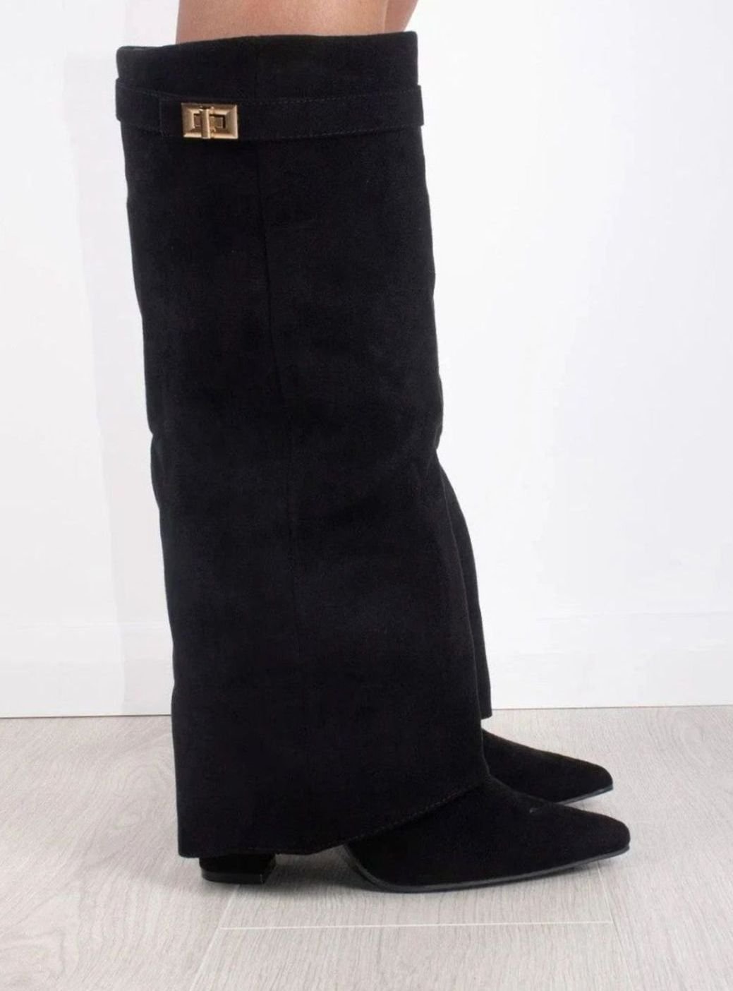 Olivia | Women's Suede Fold-Over Knee-High Boots Gold Clasp Detail