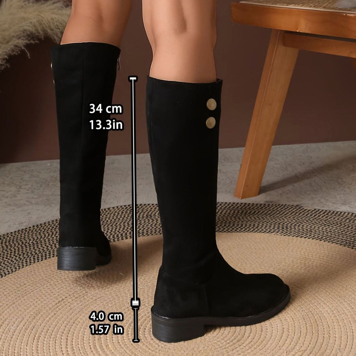 Victoria | Women's Suede-Look Knee High Boots Low Block Heel Gold Button