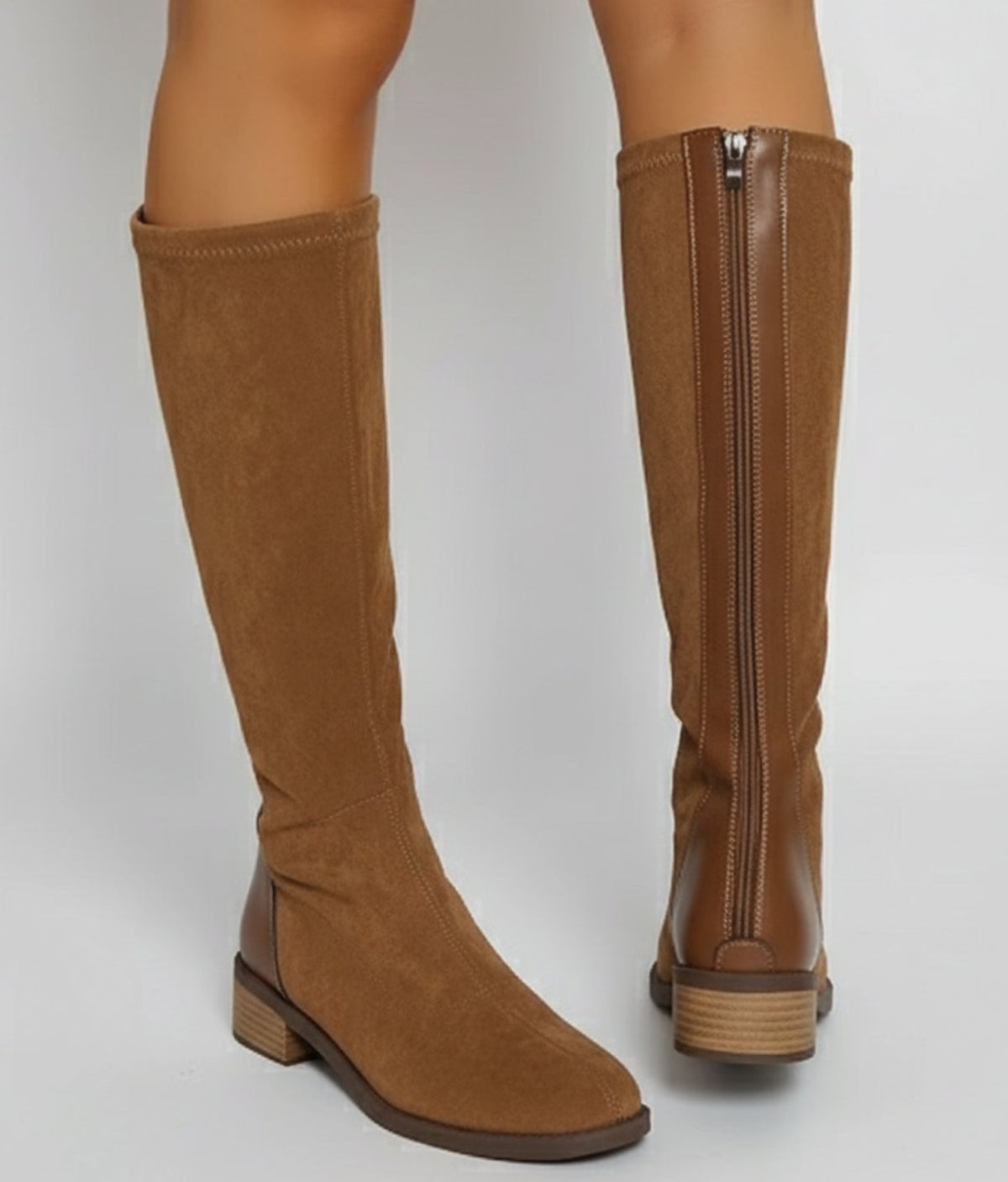 Emma | Women's Suede Look Knee High Boots Low Block Heel Side Zip