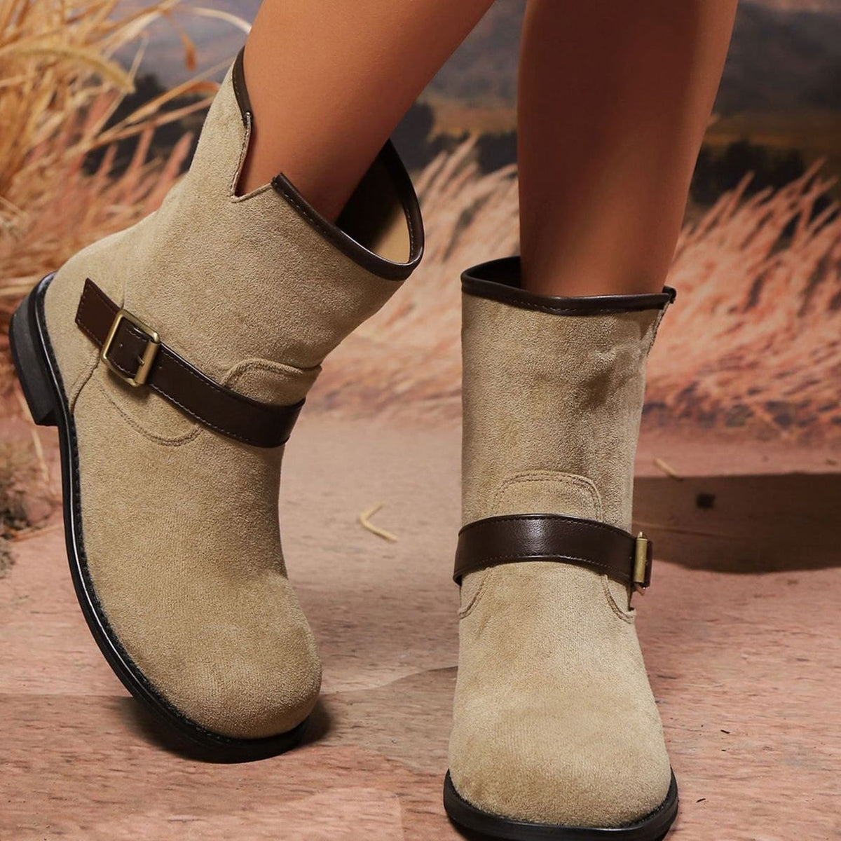 Layla | Women's Suede Slip-On Ankle Boots Buckle Strap Block Heel