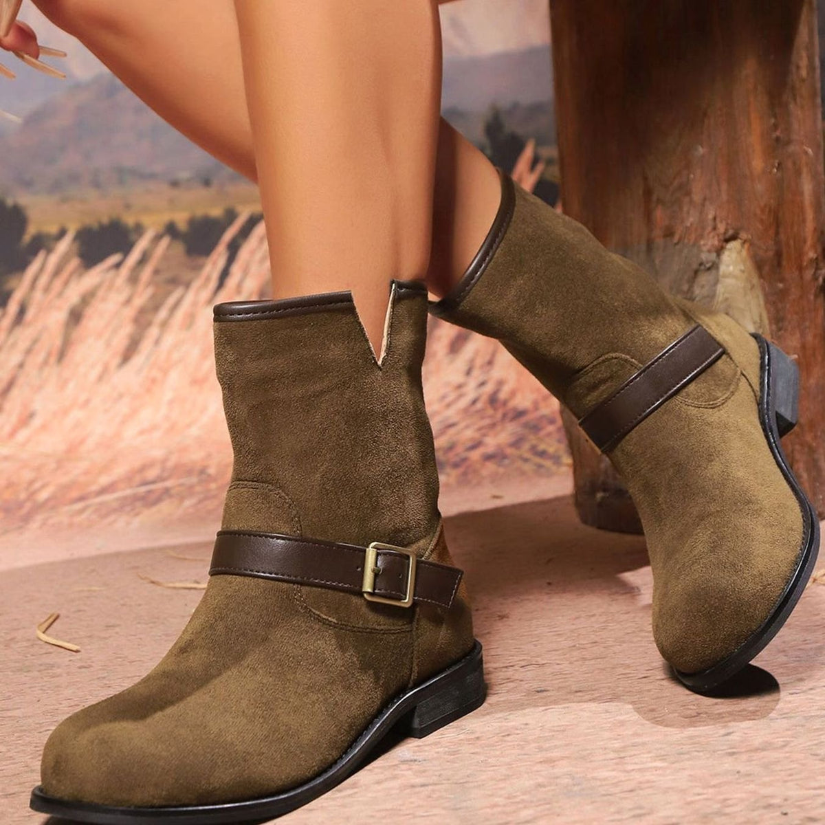 Layla | Women's Suede Slip-On Ankle Boots Buckle Strap Block Heel