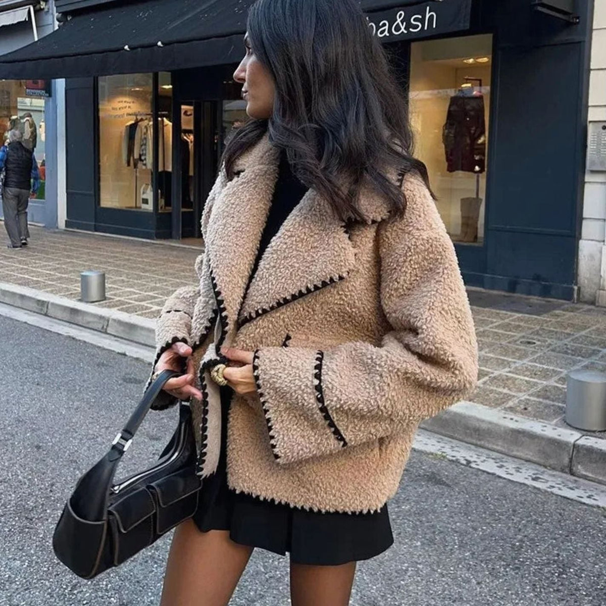 Penelope | Women's Teddy Fleece Faux Fur Coat Contrast-Trim Notch Lapel Jacket