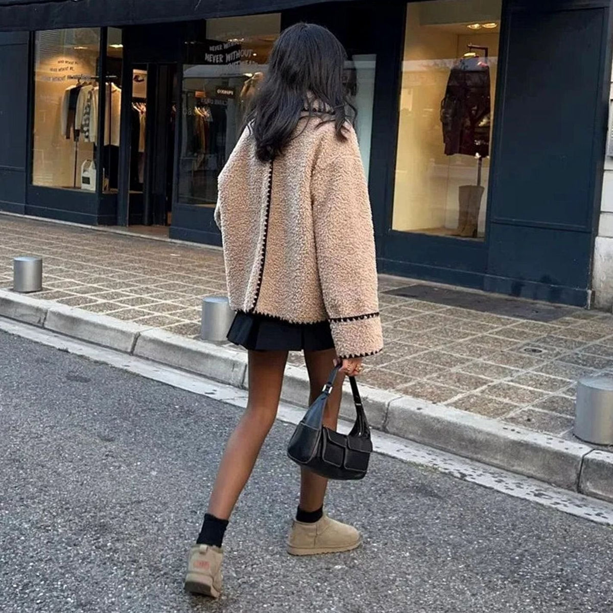 Penelope | Women's Teddy Fleece Faux Fur Coat Contrast-Trim Notch Lapel Jacket