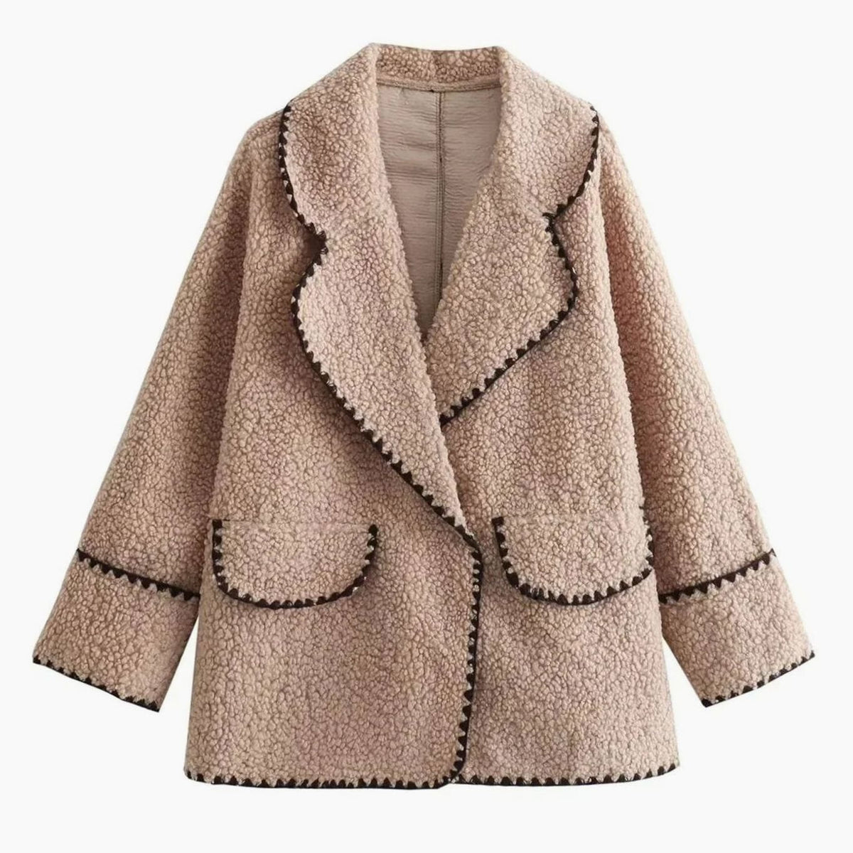 Penelope | Women's Teddy Fleece Faux Fur Coat Contrast-Trim Notch Lapel Jacket