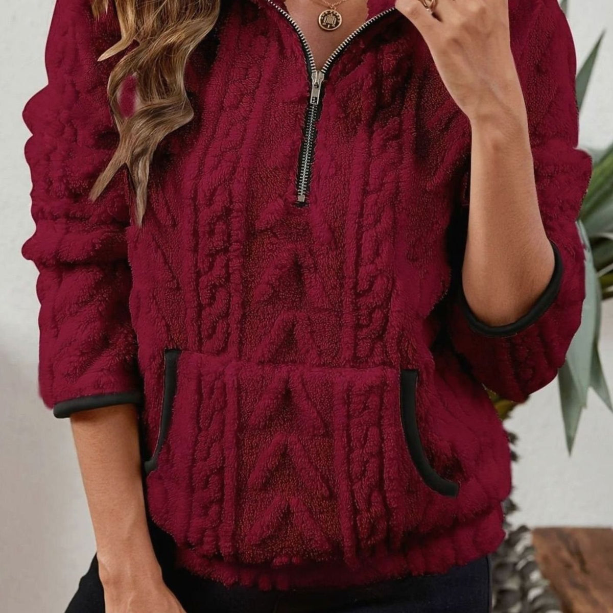 Victoria | Women's Textured Fleece Half-Zip Kangaroo Pocket Pullover Sweater