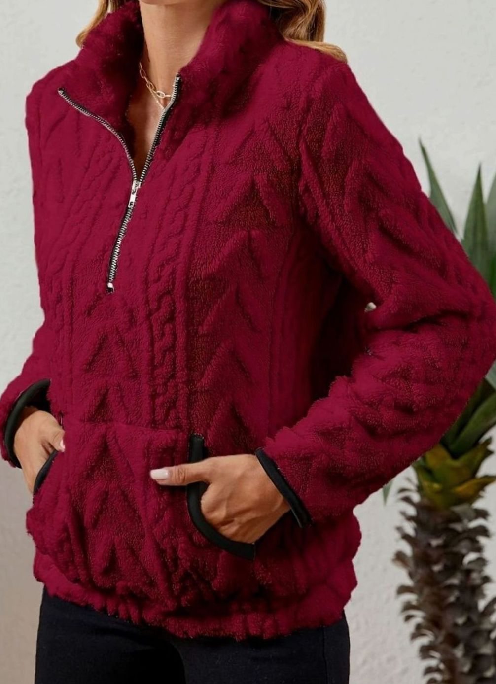 Victoria | Women's Textured Fleece Half-Zip Kangaroo Pocket Pullover Sweater