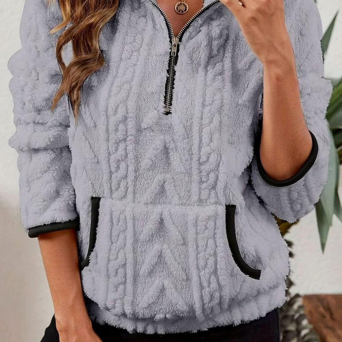 Victoria | Women's Textured Fleece Half-Zip Kangaroo Pocket Pullover Sweater