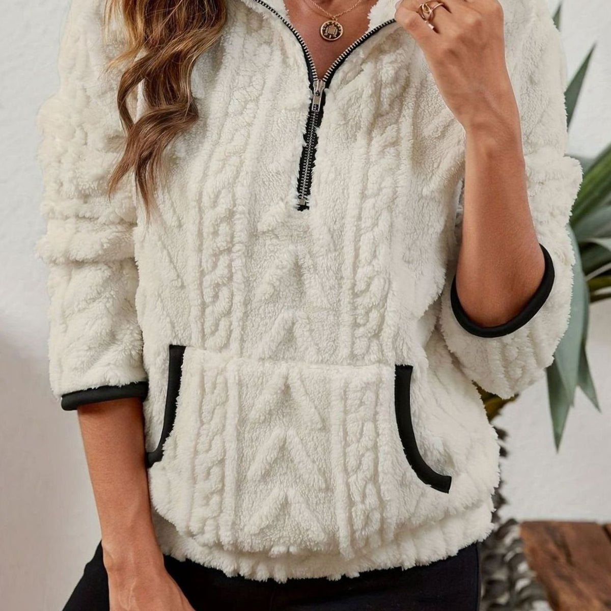 Victoria | Women's Textured Fleece Half-Zip Kangaroo Pocket Pullover Sweater