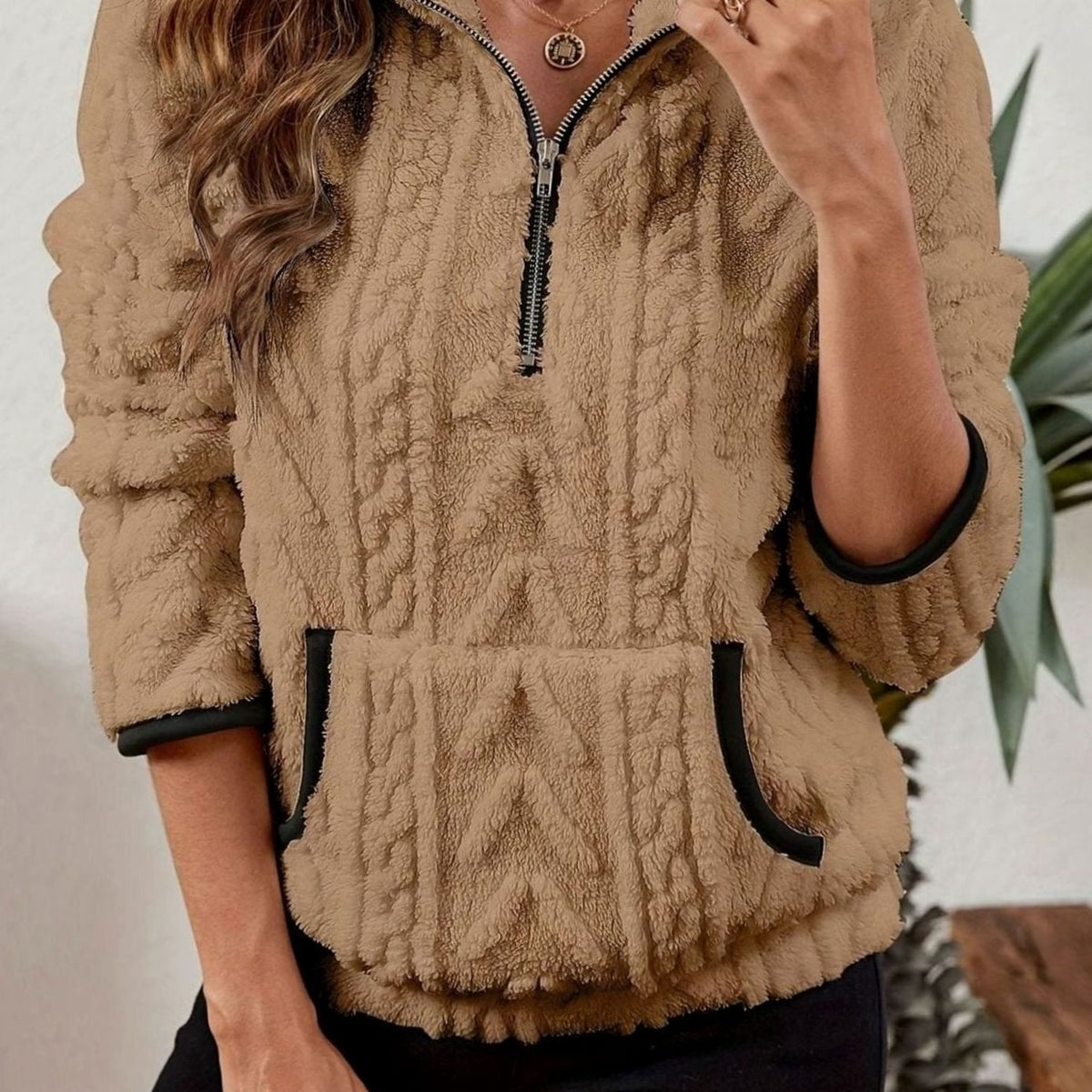 Victoria | Women's Textured Fleece Half-Zip Kangaroo Pocket Pullover Sweater